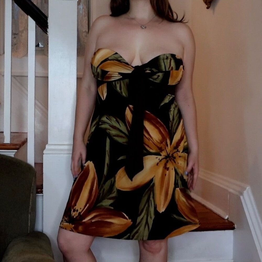 Brown Strapless Tropical Dress M Silky Padding Green Amber Tuscan Mom Vaca Y2K
